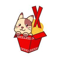 A cartoon cat in a box with noodles vector