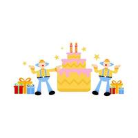 Two clowns standing next to a cake with candles vector