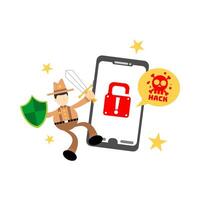 A man with a sword and a shield is holding a smartphone with a lock icon vector
