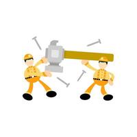 Two men in yellow overalls are holding a hammer vector