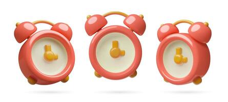 3d red alarm clocks icons set time concept cute minimal plastic objects collection vector