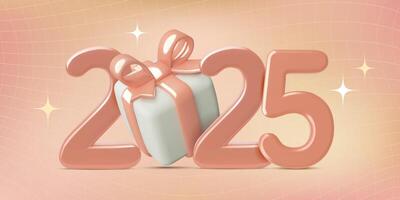 2025 New Year 3d realistic metallic numbers design with gift box on y2k peach fuzz background vector