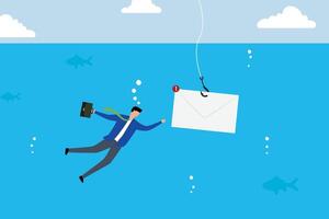 Phishing email, Avaricious entrepreneur submerging to retrieve email envelope using fishing hook. vector