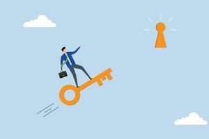 Discover key success, Businessman flying on a golden key to unlock the keyhole of success. vector