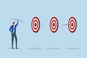 Completed multiple tasks with single action, Intelligent entrepreneur excelled in archery by hitting multiple bullseyes with a single arrow. vector