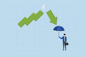Protect from stock market crash, Investor businessman with a sturdy umbrella prepared for a decline in the arrow graph. vector