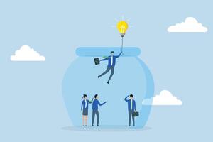 Entrepreneurship escape from routine job, Businessman entrepreneur soaring through air in hot air balloon shaped like lightbulb to break free from constraints of fish tank. vector