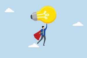 Big idea to boost business success, brilliant entrepreneur hero soaring through the sky with a massive illuminated bulb of inspiration. vector