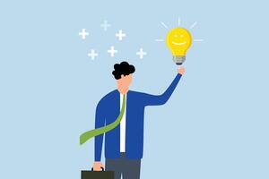 Positive thinking, Smiling businessman holds a lightbulb idea with surrounding positive vibes. vector
