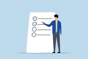 Completed checklist, Businessman is using a pen to review the project list and tick off the checkbox labeled as completed. vector