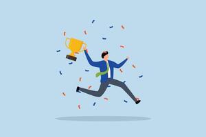 Celebrate work achievement, Ecstatic businessman leaps for joy while clutching trophy after winning. vector