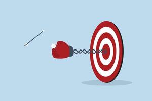 career struggle, boxing glove emerges from the bullseye of a dartboard to punch a dart out of the target. vector