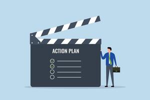 Action plan with checklist step by step of business implementation, Businessman managing a slate with steps listed for an action plan. vector