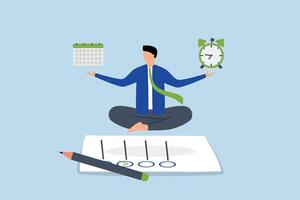 self control to complete work, Businessman finds peace in meditation while juggling between time and deadlines on a paper filled with completed tasks. vector