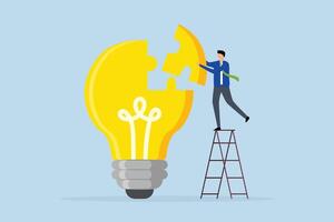 Solve business problem with creativity, Businessman put together final jigsaw piece to finish puzzle of idea for lightbulb. vector