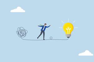 Simplify idea to find solution, businessman is leaving behind a chaotic mess and heading towards a simple idea represented by a lightbulb vector