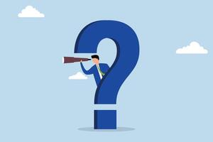 Curiosity explore unknown, businessman filled with curiosity and a big question mark on his face uses binoculars to hunt for a fresh business concept. vector