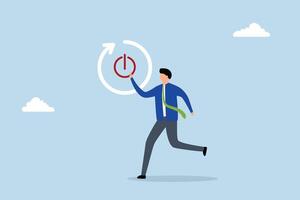 Time to reboot business, businessman cautiously extends his finger to push the reboot or restart button. vector