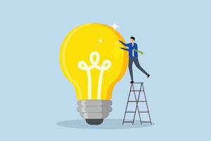 Polishing idea to be perfect and best quality result, intelligent entrepreneur ascends ladder to maintain and shine lightbulb for top notch idea. vector