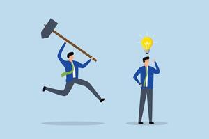 Jealousy colleague, businessman new idea for a lightbulb was destroyed when he was hit by a colleague from behind. vector