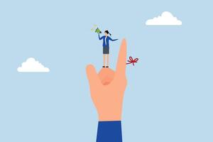 Finger string reminder, businesswoman helped by tying a red string around the boss's finger and using a megaphone to remind him. vector