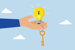 Key to success, Businessman is handing a bright lightbulb idea with a keyhole and a golden key to unlock it. vector