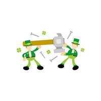 Two men in green outfits are holding a hammer vector