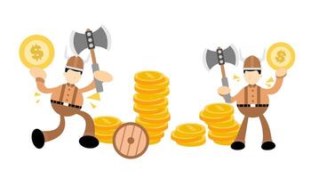 Two men with axes and coins in front of a pile of money vector
