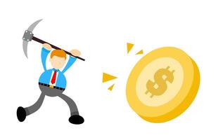 A cartoon man with a pickaxe is hitting a coin vector