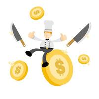Chef on top of money with knife and fork vector