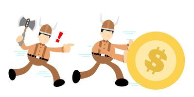 Two men in viking costumes are running with a coin vector