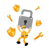 A man holding a padlock and shield with wrenches vector