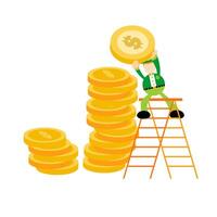 A cartoon leprechaun is standing on a ladder with stacks of coins vector