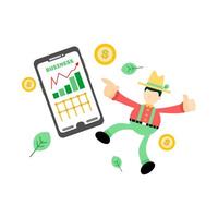 A man in a hat is holding a smartphone with a graph on it vector