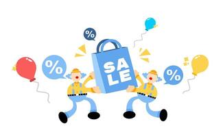 Two people carrying a blue bag with the word sale on it vector
