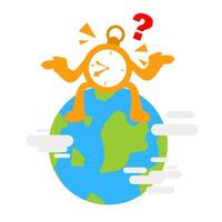 A cartoon monkey sitting on top of a globe with a clock vector