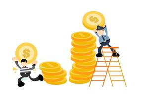 Two men on a ladder with stacks of coins vector