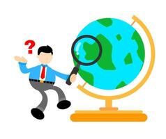 Man with magnifying glass on globe vector