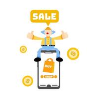 A clown sitting on a phone with the word sale vector