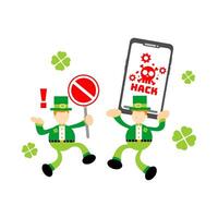 Two leprechauns holding up a smartphone with a sign that says hack vector