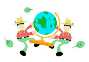Two people holding a globe with leaves on it vector