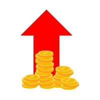 An upward arrow with coins and a red arrow vector