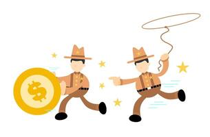 Two men in cowboy hats running with a coin vector