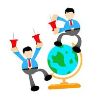 Two businessmen are holding up a globe with red scissors vector