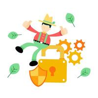 A man in a hat and hat is sitting on top of a padlock vector