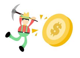 A cartoon man with a pickaxe and a dollar coin vector