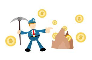 A cartoon miner with a pickaxe and coins vector