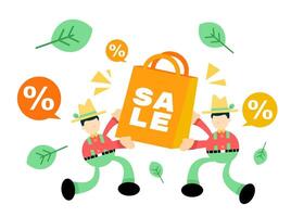 Two people carrying a sale bag with leaves vector