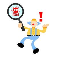 A cartoon man holding a magnifying glass with the word hack vector