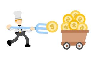 A chef pushing a fork with money in a cart vector